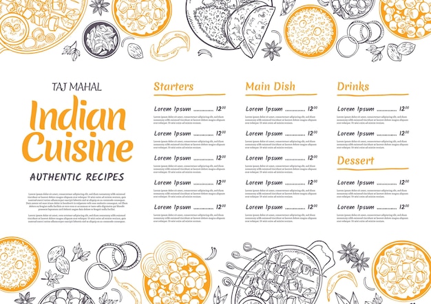 Free vector hand drawn indian menu template