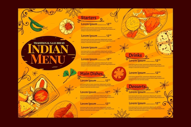 Vettore gratuito modello di menu indiano disegnato a mano