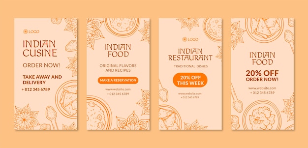 Free vector hand drawn indian restaurant instagram stories