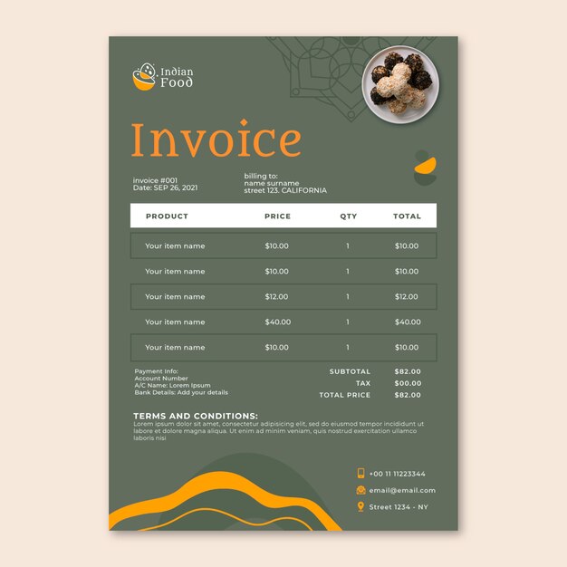 Hand drawn indian restaurant invoice template