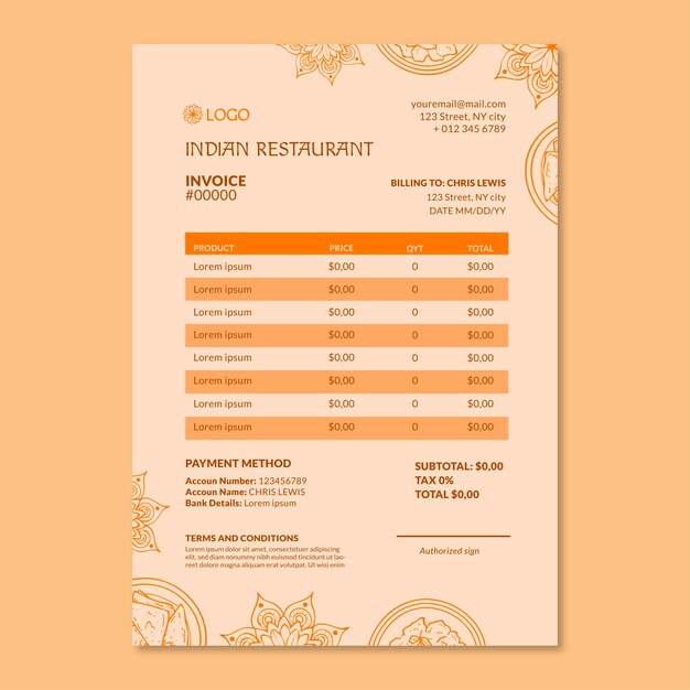 Hand drawn indian restaurant invoice