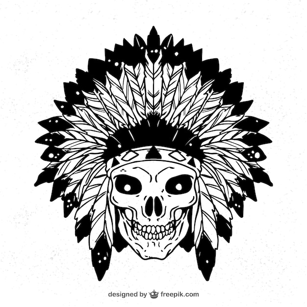 Free vector hand drawn indian skull with feathers