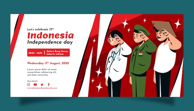 Modello di banner orizzontale di festa dell'indipendenza dell'indonesia disegnato a mano con persone che salutano