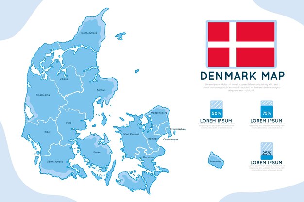 フラットなデザインのデンマークの地図のインフォグラフィック 無料のベクター