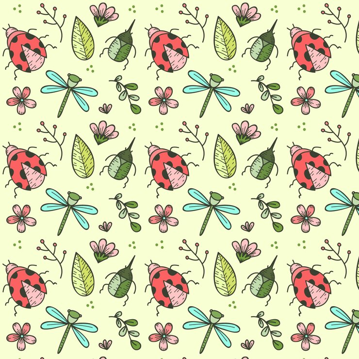 Free Vector hand drawn insects and flowers pattern