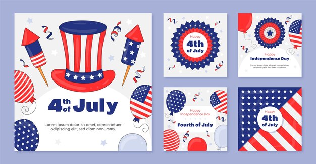 Hand drawn instagram posts collection for american 4th of july celebration