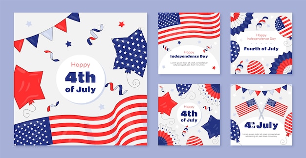 アメリカの7月4日のお祝いのための手描きのインスタグラム投稿コレクション