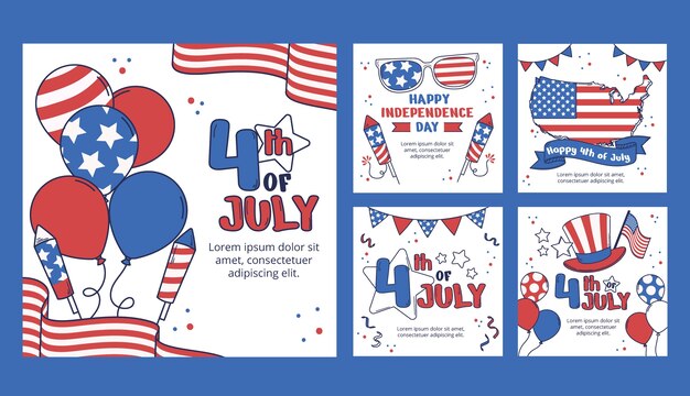 Vettore gratuito collezione di post di instagram disegnati a mano per la celebrazione del 4 luglio americano