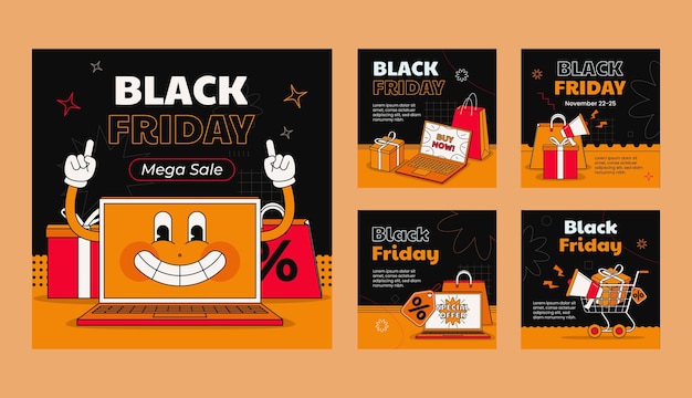 Vettore gratuito raccolta di post instagram disegnati a mano per le vendite del black friday