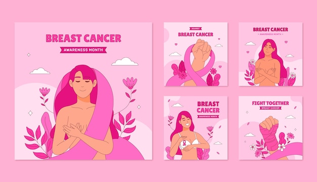 Hand drawn instagram posts collection for breast cancer awareness month