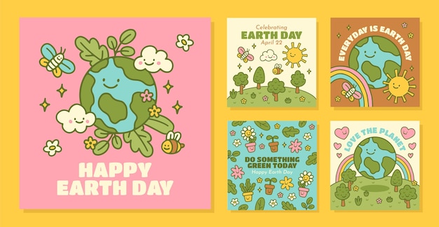 Collezione di post su instagram disegnati a mano per la celebrazione della giornata della terra