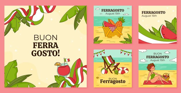 Vettore gratuito collezione di post di instagram disegnati a mano per la celebrazione del ferragosto