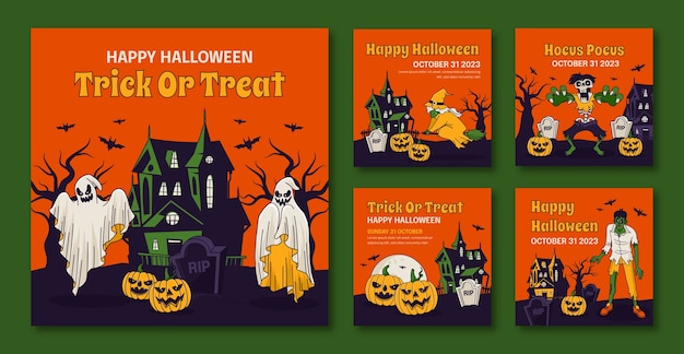 Бесплатное векторное изображение Нарисованная вручную коллекция постов в instagram для празднования сезона хэллоуина