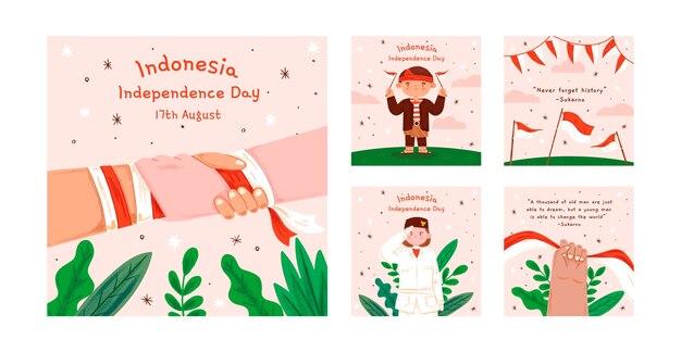 Free vector hand drawn instagram posts collection for indonesia independence day celebration