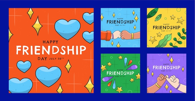 Hand drawn instagram posts collection for international friendship day celebration