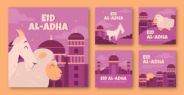 Vettore gratuito collezione di post di instagram disegnati a mano per la celebrazione islamica di eid al-adha
