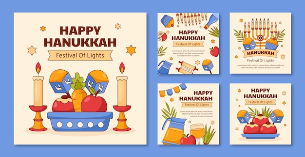 Hand drawn instagram posts collection for jewish hanukkah holiday