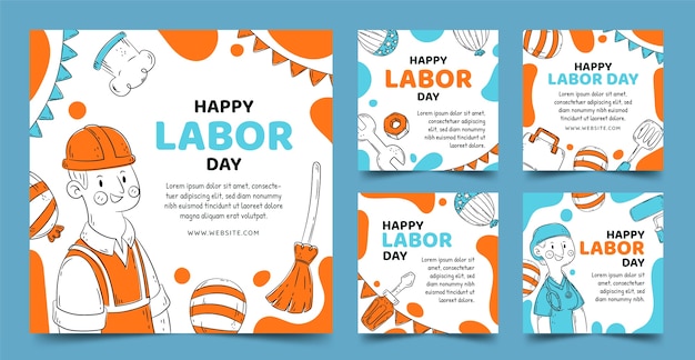 Free vector hand drawn instagram posts collection for labor day celebration