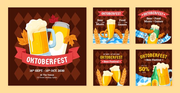 オクトーバーフェスト (Oktoberfest) のビールフェスティバルの記念に手描きのインスタグラムポストコレクション