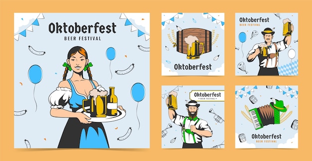 Free vector hand drawn instagram posts collection for oktoberfest beer festival celebration