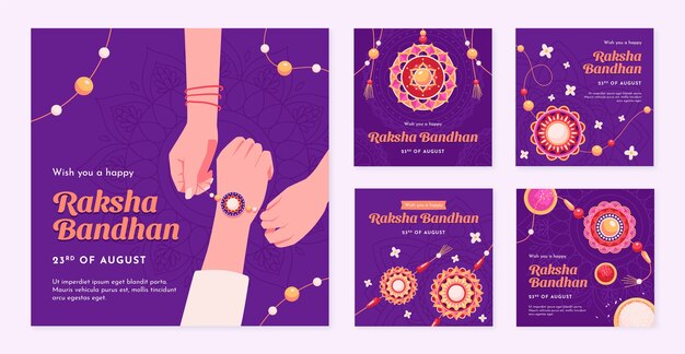 Vettore gratuito raccolta di post di instagram disegnati a mano per la celebrazione di raksha bandhan