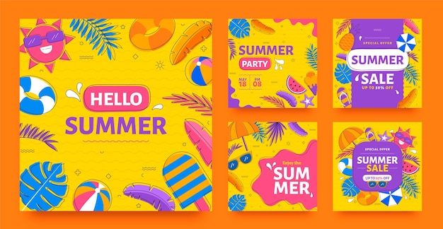 Free vector hand drawn instagram posts collection for summer sale