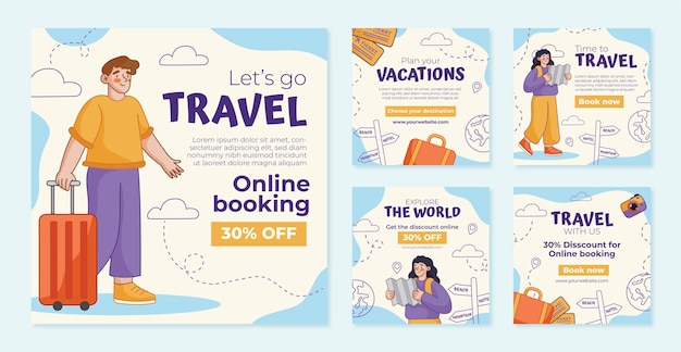 Free vector hand drawn instagram posts collection for travel agency