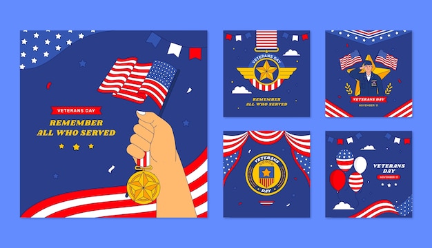 Hand drawn instagram posts collection for usa veteran's day holiday