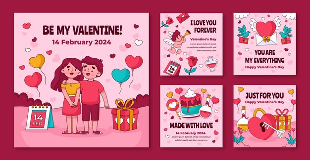 Hand drawn instagram posts collection for valentines day celebration