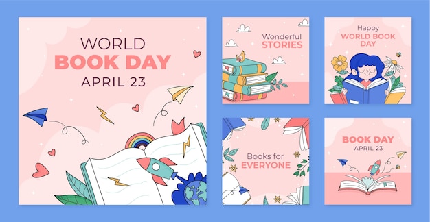 Нарисованная вручную коллекция постов в instagram для празднования всемирного дня книги