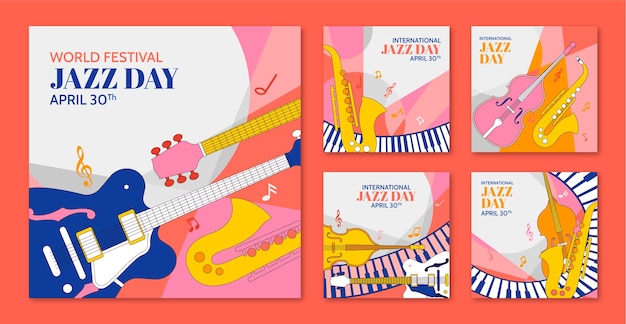 Free vector hand drawn instagram posts collection for world jazz day