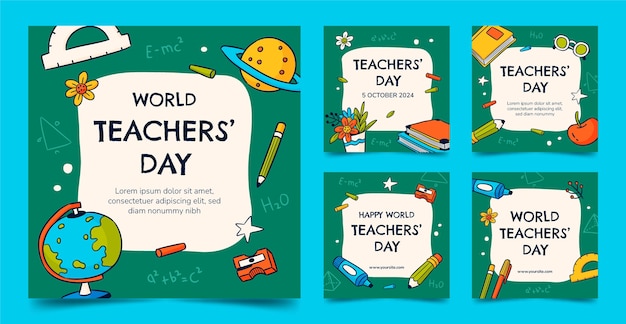 Vettore gratuito collezione di post su instagram disegnati a mano per la celebrazione della giornata mondiale degli insegnanti