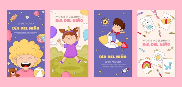 Free vector hand drawn instagram stories collection for children's day celebration in spanish