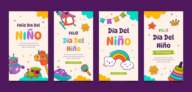Нарисованная вручную коллекция историй из instagram для празднования дня защиты детей на испанском языке