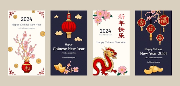 Hand drawn instagram stories collection for chinese new year festival