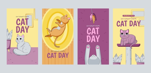 無料ベクター 国際猫の日のお祝いのための手描きのinstagramストーリーコレクション