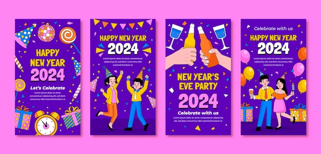 Бесплатное векторное изображение Коллекция историй из инстаграма, нарисованная вручную к празднованию нового 2024 года
