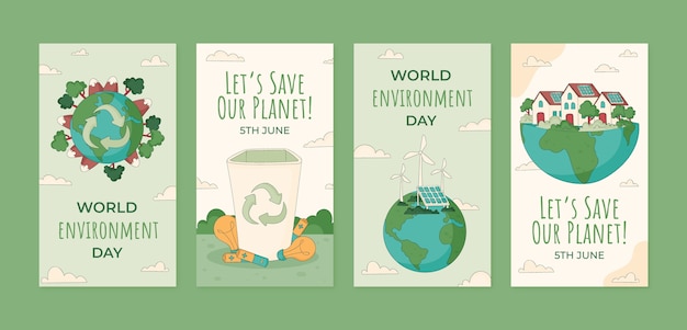 Нарисованная вручную коллекция историй из instagram для празднования всемирного дня окружающей среды