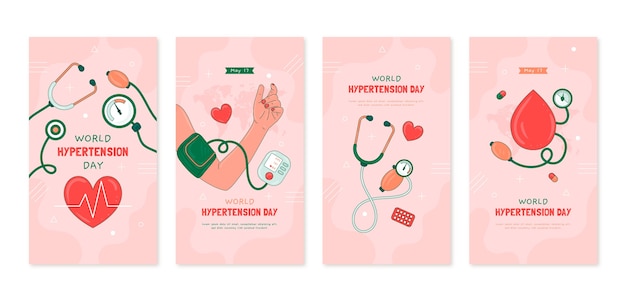 무료 벡터 세계 고혈압의 날 인식을 위한 손으로 그린 인스타그램 스토리 모음