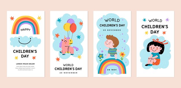 Hand drawn instagram stories collection for world children's day celebration with kids