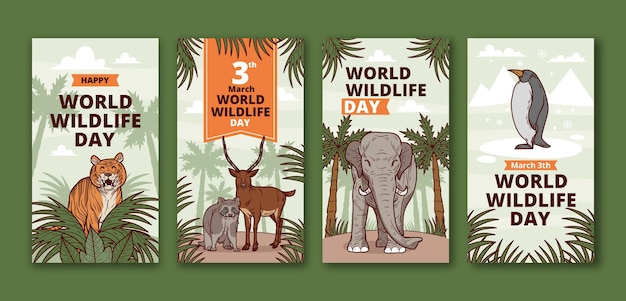Нарисованная вручную коллекция историй из instagram ко всемирному дню дикой природы с флорой и фауной
