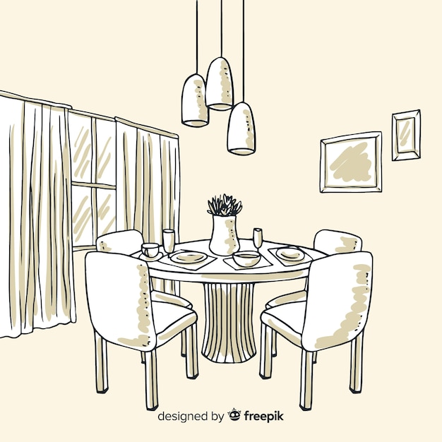 Hand drawn interior design of elegant restaurant