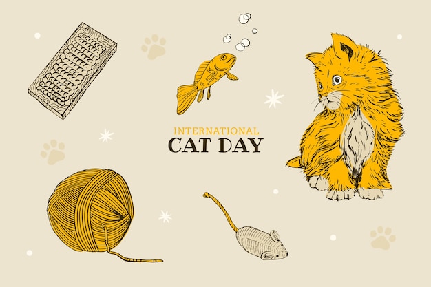 Hand drawn international cat day background with cat and elements