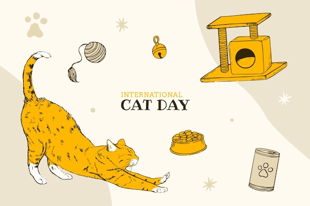 Free vector hand drawn international cat day background with cat and elements