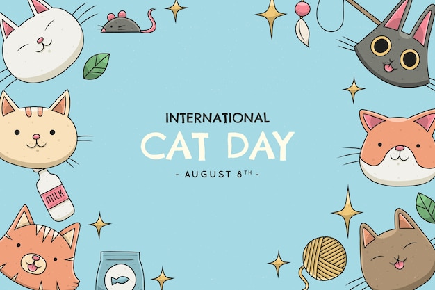 Hand drawn international cat day background with cat heads