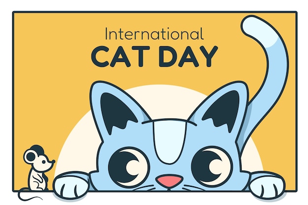 Hand drawn international cat day background with cat and mouse