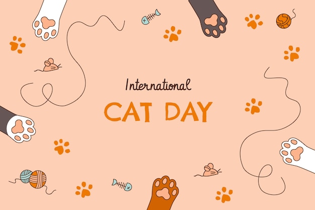 Бесплатное векторное изображение Ручной обращается международный день кошек фон с кошачьими лапами