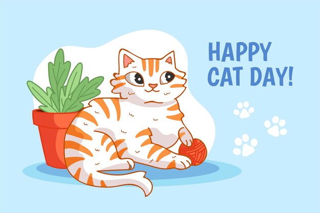 Hand drawn international cat day background with cat and plant