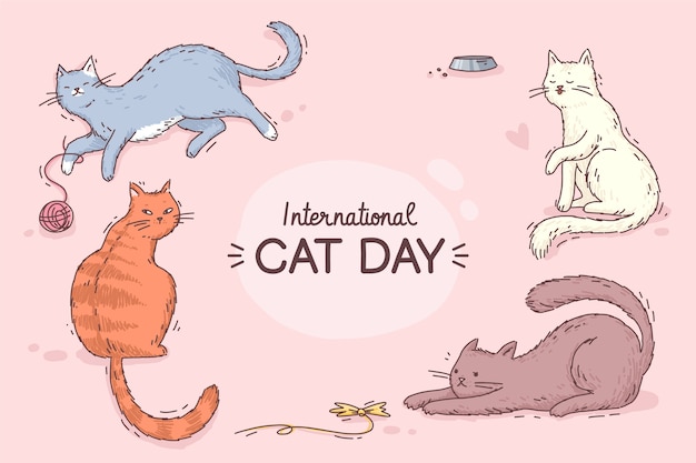 猫が遊んでいる手描きの国際猫の日の背景