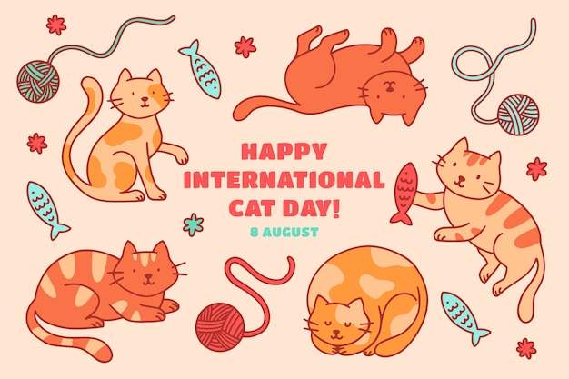 Fondo del giorno internazionale del gatto disegnato a mano con gatti e giocattoli